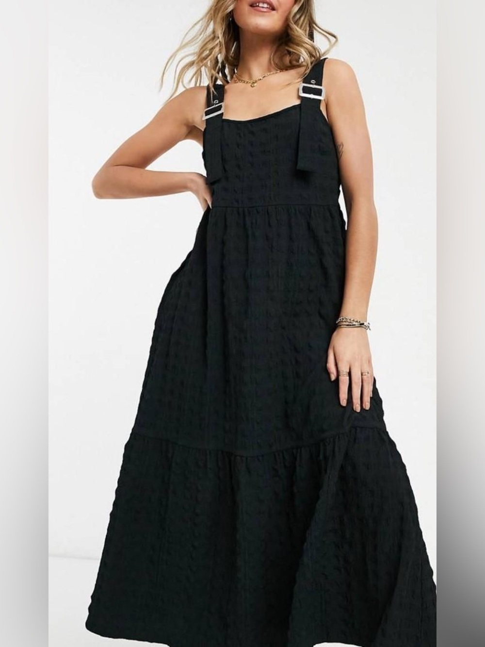 ASOS Design Curve Dungaree Midi Sundress Bubble Texture Black Women US 16